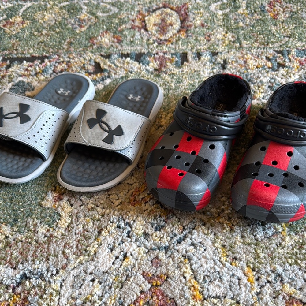 Under Armour Kids Slide Sandals and Crocs Clogs Set - Gray and Red